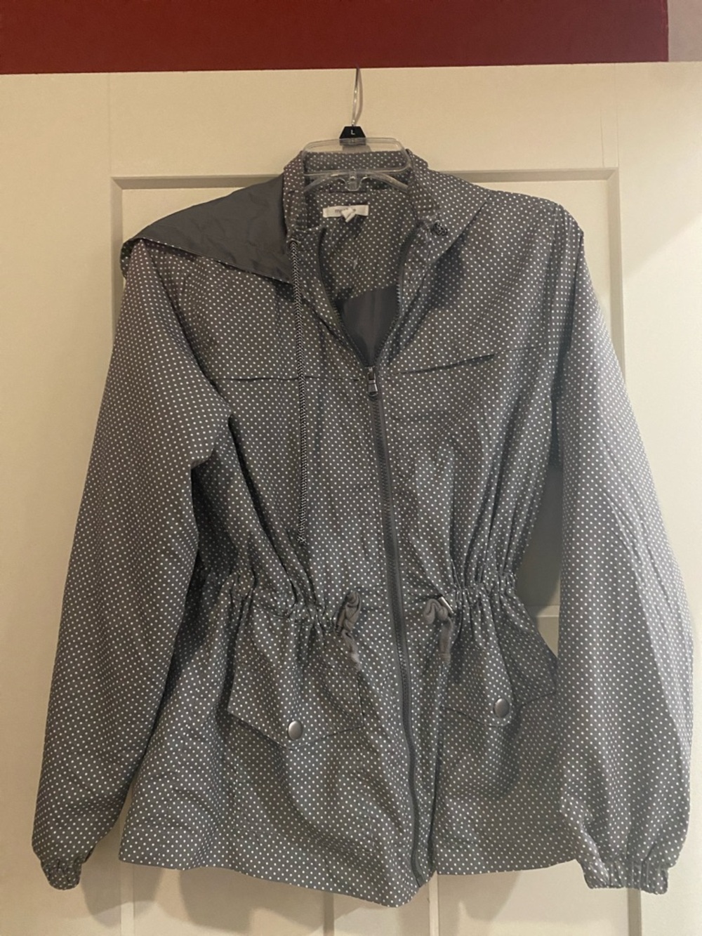 Maurice’s Women’s Gray and White Polka Dot rain jacket with hood